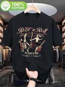 Men's Vintage Rock Billy T-Shirt - Vintage Rock Music T-Shirt With Guitar And Microphone Design, Comfortable Short-Sleeved Crew Neck T-Shirt, Suitable For Casual Summer Wear, Concerts, Theme Parties, Machine Washable, Vintage Style. Perfect For Everyday Wear And Gifts, Circus T-Shirt, Great For Vacations And Leisure Time, Excellent For Parties And Family Holidays, Party Outfits, Summer Wear, Warm Weather Clothing. - 黑色 - 查看 7