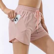 Pantalones cortos deportivos sueltos de cintura alta para mujer, pantalones deportivos antideslumbrantes de doble capa para yoga, correr, ropa de abrigo de entrenamiento de secado rápido - Rosa - Ver 5