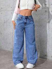 Jeans informales de pierna ancha con bolsillos para adolescentes - Azul lavado oscuro - Ver 5