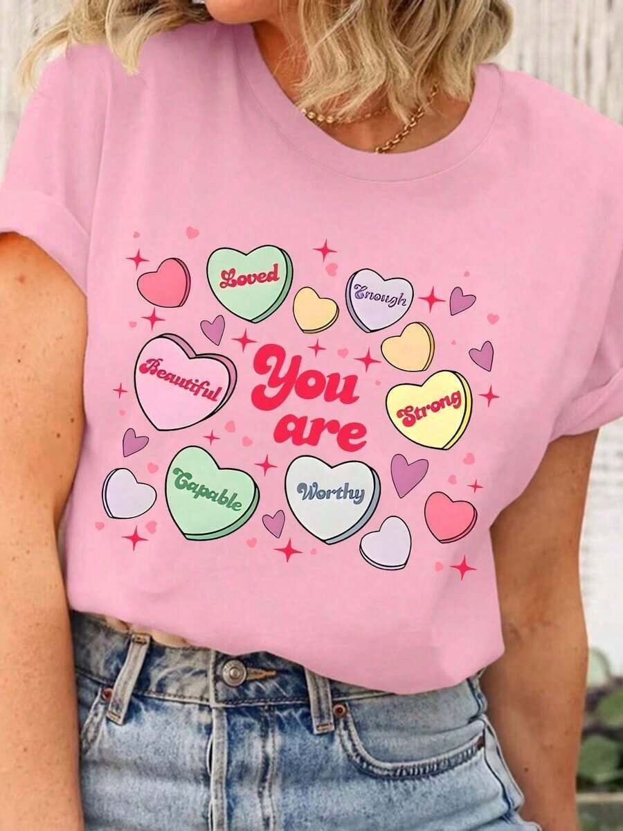 Women's Plus Size Casual Short Sleeve T-Shirt With Round Neck And Heart-Shaped Rhinestones For Valentine's Day - 羅莎 - 查看 1