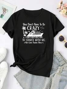 Camiseta casual de manga corta con cuello redondo para mujer, con estampado de barco de crucero y palmera, top deportivo a la moda, estilo vacacional. - Negro - Ver 2