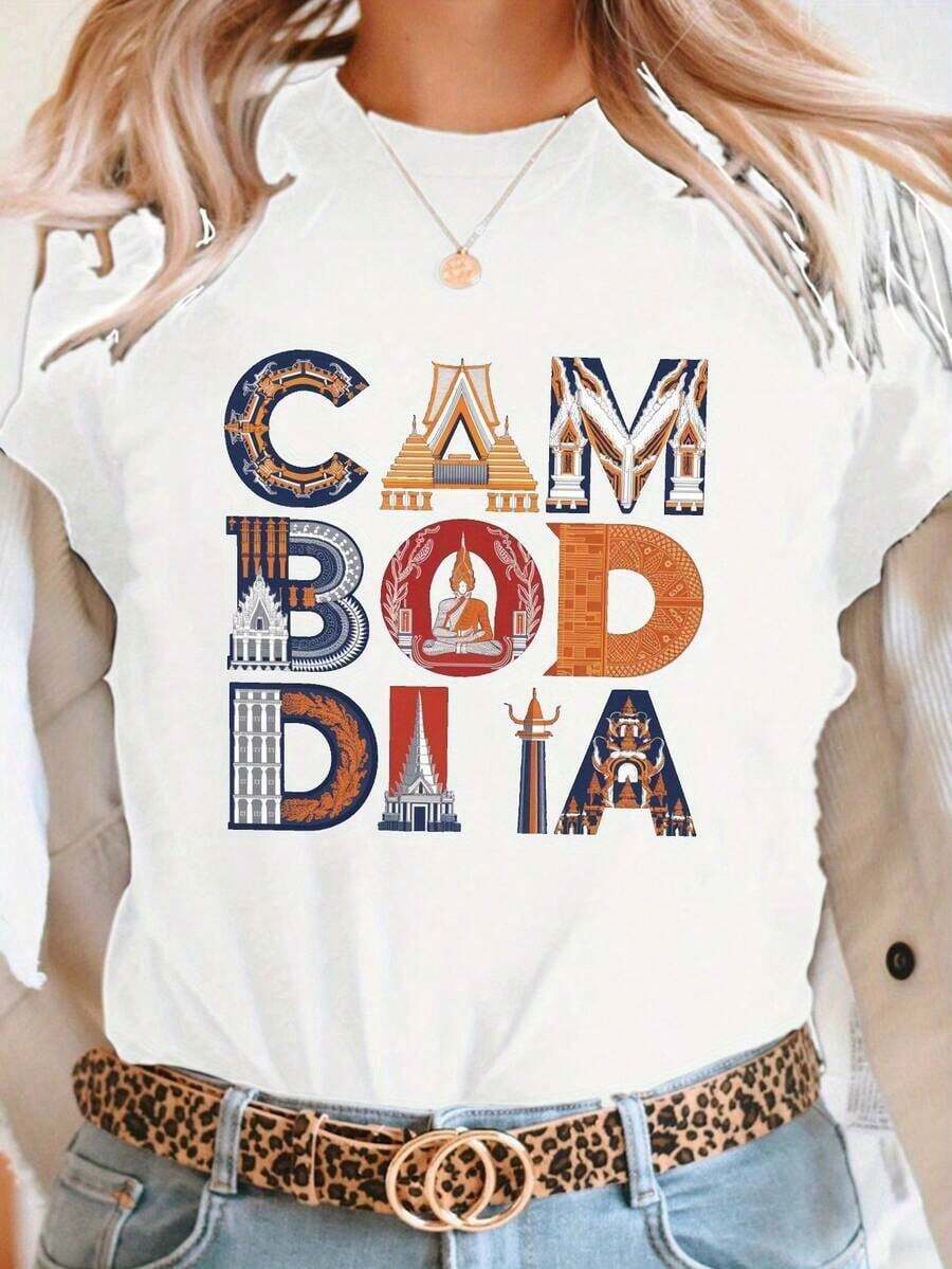 1 Piece (T-Shirt), Cambodian Temple Culture Typographic Print T-Shirt, Casual Short Sleeve Crew Neck T-Shirt For Summer And Spring, Women's Clothing - 1 件(T卹) - 查看 1
