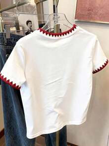 Camiseta de mujer de manga corta con cuello redondo, bordado floral, estilo minimalista, regalo para amigos - Blanco 3 - Ver 2