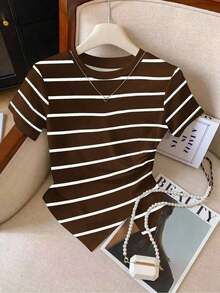 de manga corta con pliegues y bajo asimétrico de unicolor casual para mujer, verano - Café integral - Ver 1