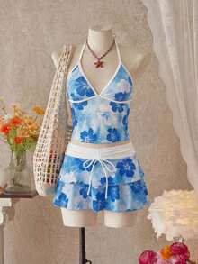 Women's 3-Piece Spring/Summer Outfit: Floral Print Skirt/Tunic, Color Block, Bow And Ruffles For Beach Music Festivals - 多色 4 - 查看 3