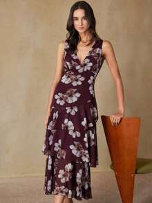 Aveloria Revavyn Vestido maxi elegante y grácil de mujer con escote en V profundo y sin mangas, de gasa ligera con estampado floral romántico, con cintura ceñida y dobladillo con volantes en capas, adecuado para citas, vacaciones, lujo y delicadeza - Multicolor - Ver 5