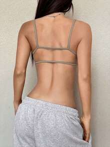 Top camiseta ajustada y corta de color negro para mujer - Caqui - Ver 2
