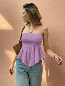 Frenchy Top asimétrico sin tirantes de tejido texturizado de color liso, adecuado para vacaciones de verano - Púrpura malva - Ver 4