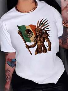 Guerrero azteca sosteniendo bandera de México símbolo de valor y orgullo nacional camiseta para mujer 100% algodón - blanco - Ver 6