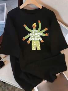 Camiseta de Mujer de Manga Corta con Diseño Exclusivo y Estampado, Novedad Verano 2025, Top Holgado de Media Manga para Mujer - Negro - Ver 7