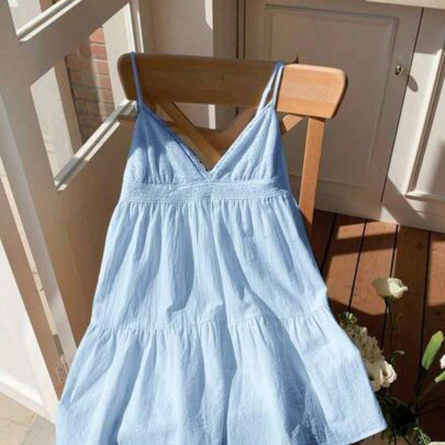 Women's Summer Vacation Casual Cotton And Linen White Hollow Embroidery Patchwork Spaghetti Straps Mini Dress,Summer Dresses For Women,White Dresses For Women - Azul - Ver 1