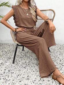Conjunto de 2 piezas de blusa con ribete de encaje de unicolor y pantalones de pierna ancha para mujer, casual para vacaciones y viajes, primavera/verano - Café integral - Ver 6