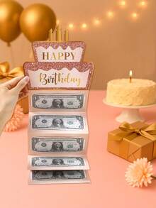 一套黑金生日快樂摺疊鈔票卡與信封、粉金生日蛋糕圖案摺疊鈔票卡,生日派對驚喜現金禮物,週年紀念裝飾摺疊鈔票卡,生日派對裝飾 - 均碼 - 查看 7