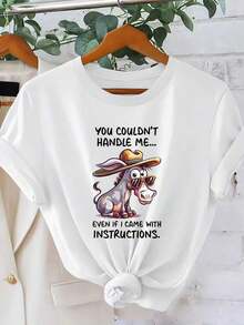 1 Piece Of Women's Botanical Print Cotton T-Shirt, Cool, Breathable, Casual Natural Style, Round Neck, One-Piece, With Fun Letter And Animal Print, Stylish, With "You Can't Control Me" And "Animal Donkey" Prints, For Spring, Summer, Sports, Vacation, Short Sleeve, Casual Holiday Style, Loose And Slimming Retro Fashion, Versatile, Short Sleeve T-Shirt For Women, Ideal For Everyday Wear On Summer Vacation. Suitable For Spring, Summer And Autumn. - 白色 - 查看 1