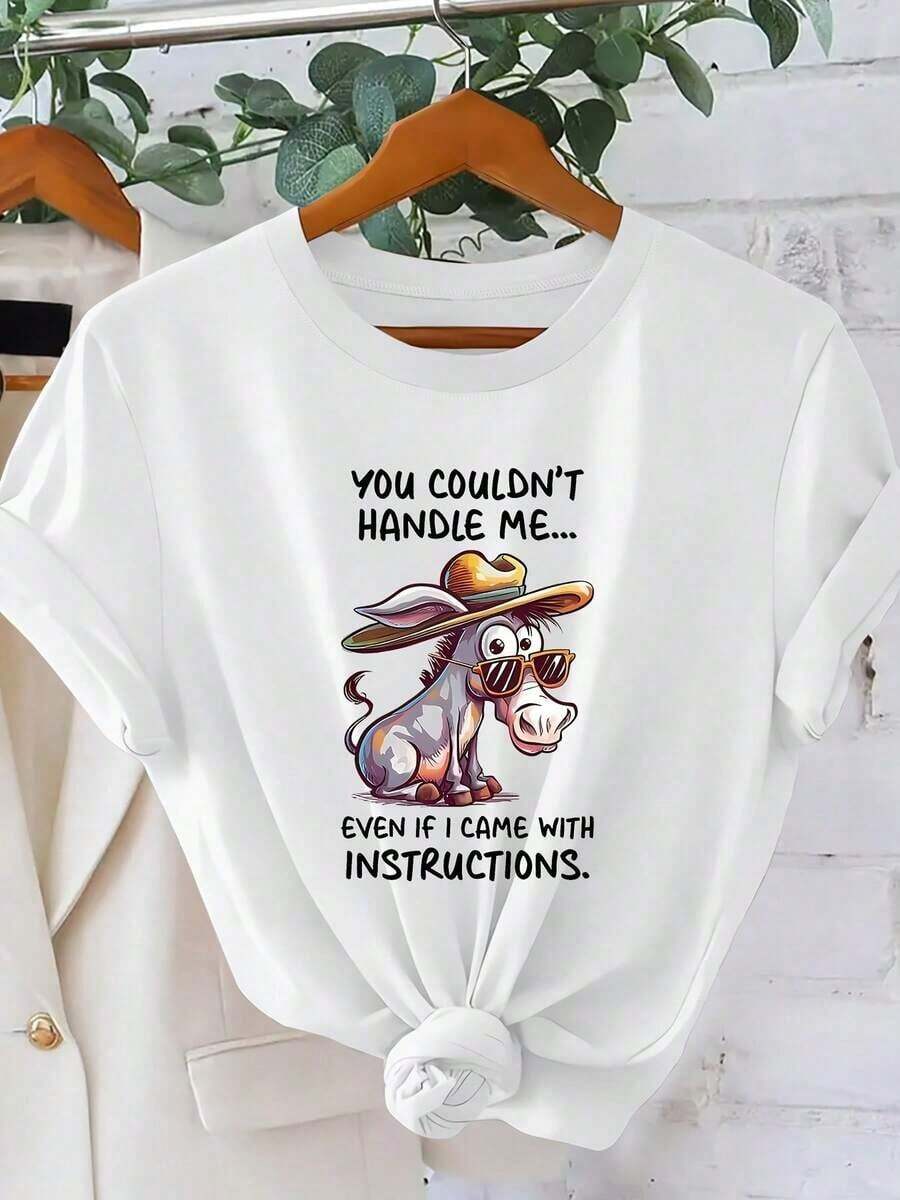 1 Piece Of Women's Botanical Print Cotton T-Shirt, Cool, Breathable, Casual Natural Style, Round Neck, One-Piece, With Fun Letter And Animal Print, Stylish, With "You Can't Control Me" And "Animal Donkey" Prints, For Spring, Summer, Sports, Vacation, Short Sleeve, Casual Holiday Style, Loose And Slimming Retro Fashion, Versatile, Short Sleeve T-Shirt For Women, Ideal For Everyday Wear On Summer Vacation. Suitable For Spring, Summer And Autumn. - 白色 - 查看 1