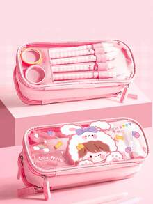 2026 New Transparent Pencil Case, Large Capacity 3-Layer Highly Attractive INS Style Pencil Box For Girls, Color-Block Student Stationery Box, Minimalist - Single Piece - View 5