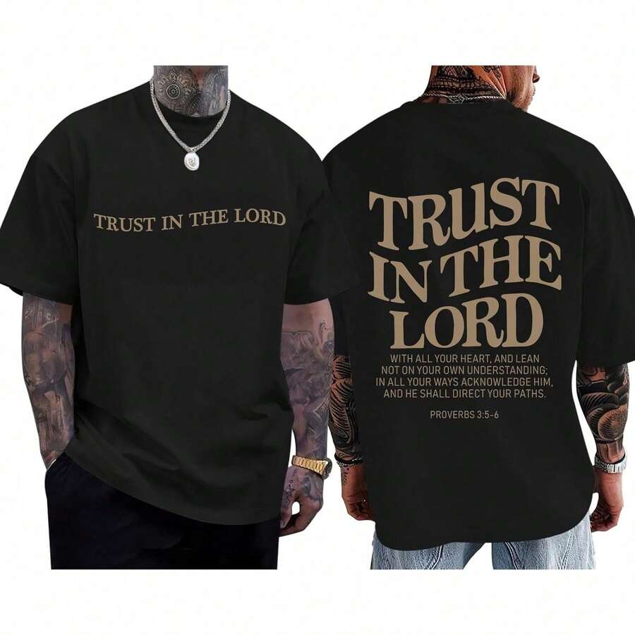 Camisetas Cristianas de Jesús para Hombre, Camiseta de Confianza en el Señor, Fe en Dios, Versículo Bíblico Religioso, Camisetas de Algodón con Diseño Gráfico de Gran Tamaño JFMV - Negro - Ver 1