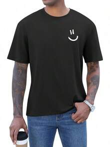 Camiseta Gráfica de Manga Corta para Hombre, Camisetas Divertidas con Cuello Redondo y Sonrisa, Corte Holgado, Camisetas de Verano TMEE - Negro - Ver 2