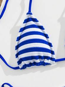 PEPPERMOLLY Women's Striped Halter Tie High Waist Bikini Set Vacation - Blue and White - View 5