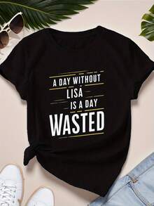 Women's Casual Summer T-Shirt, Plain WASTED, Plus Size Short Sleeve Sports T-Shirt, Stylish And Fashionable T-Shirt - 黑色 - 查看 12
