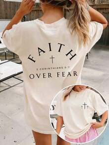 Women's "Faith Over Fear" T-Shirt With Christian Bible Verse, Regular Fit, Inspirational Graphic, Comfortable For Everyday Wear, Short Sleeve, Casual Faith Clothing, Summer White - 杏子 2 - 查看 3