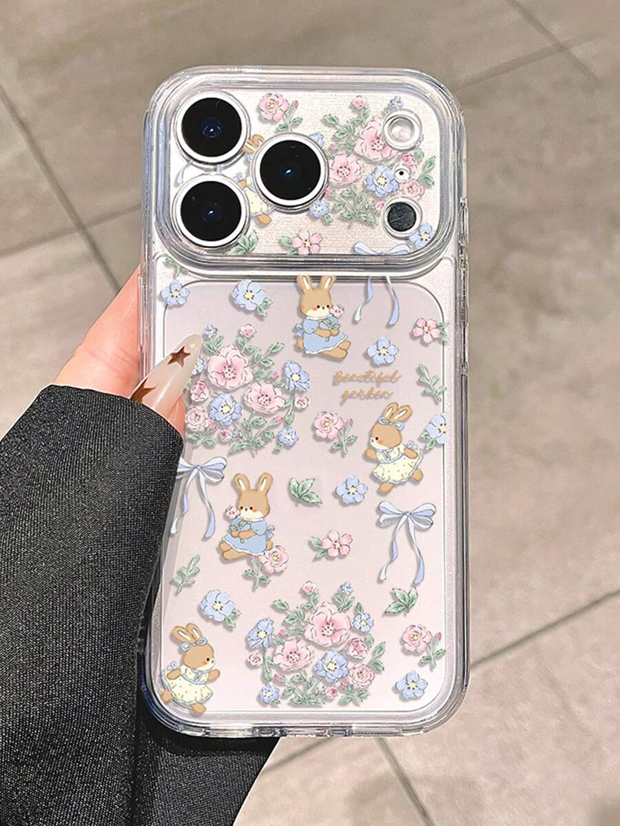 1个优雅花卉蝴蝶结兔子设计手机壳,兼容 17 Pro Max、16 Pro、新款15/14,创意韩式软壳保护套,兼容 13/12/11 - 彩色 - 查看 1