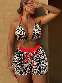 Conjunto de bikini de 3 piezas con parte superior de atar al cuello, estampado de lunares y shorts, con volantes, para mujer, para playa de verano - Multicolor 2 - Ver 5
