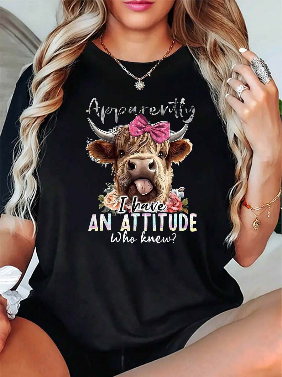 T-Shirt With Letter Print "Apparently I Have ATTITUDE, Who Knew?", Short Sleeves And Round Neck, Casual Top For Summer And Spring, Women's Clothing - 黑色 - 查看 1