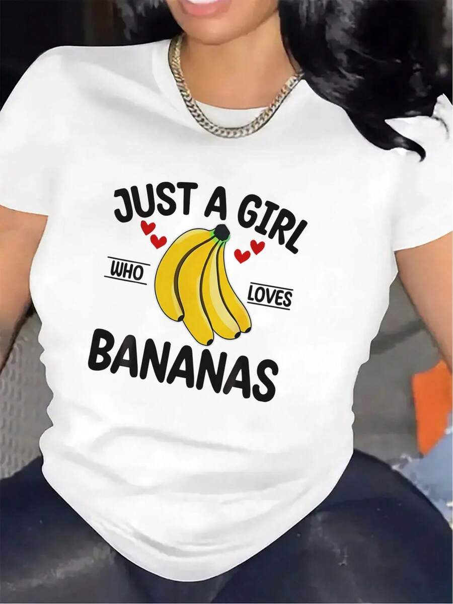 Camiseta con estampado de plátanos | La primera opción para ropa casual en la sala de estar, tela duradera y ligera, ajuste cómodo, ideal para uso diario, regalo perfecto para amantes de la fruta, camiseta con estampado elegante y divertido, cuello redondo, tela ligeramente elástica. - Blanco - Ver 1