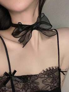 1件装女士复古时尚黑色网纱颈链，性感丝带大蝴蝶结吊坠项链 - 彩色 - 查看 2