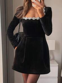 Vestido corto terciopelo primavera mujer cuello cuadrado con brillos elegante y moderno - Negro - Ver 6
