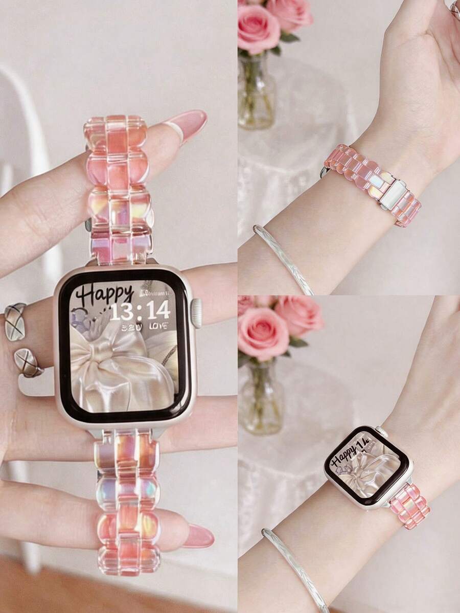 1条纤薄椭圆形炫彩粉色树脂表带，兼容表带38mm/40mm/41mm/42mm/44mm/45mm/46mm/49mm，新款时尚清爽夏季炫彩粉色树脂表带，智能手表配件，适用于 Ultra3/2/1/SE/S11/S10/S9/S8/S7/S6/S5/S4/S3/S2/S1系列，色彩缤纷的多巴胺女性配饰，适合夏季海滩、派对、毕业典礼、节日、母亲节、教师节等场合，这款必备配饰将提升您的时尚品味。