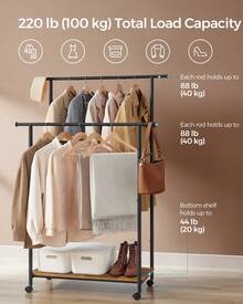 SONGMICS Perchero de ropa con 2 barras y ruedas, de 38.8 pulgadas, con estante para colgar ropa, capacidad de carga de hasta 220 lb, para dormitorio y armario - Marrón rústico y negro tinta - Ver 3