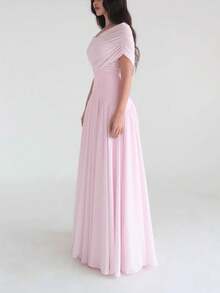 Long Dress With Short Sleeves And A Crossover Design, Soft And Romantic Elegant Style. - 粉色 - 查看 4