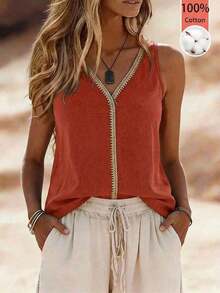 Top de mujer de cuello en V, casual, cómodo, de vacaciones, de campo, relajado, de textura suave - Naranja - Ver 7