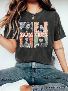 Camiseta con Estampado de Retrato, Manga Corta y Cuello Redondo, Top Casual para Verano y Primavera, Ropa de Mujer - Negro - Ver 2