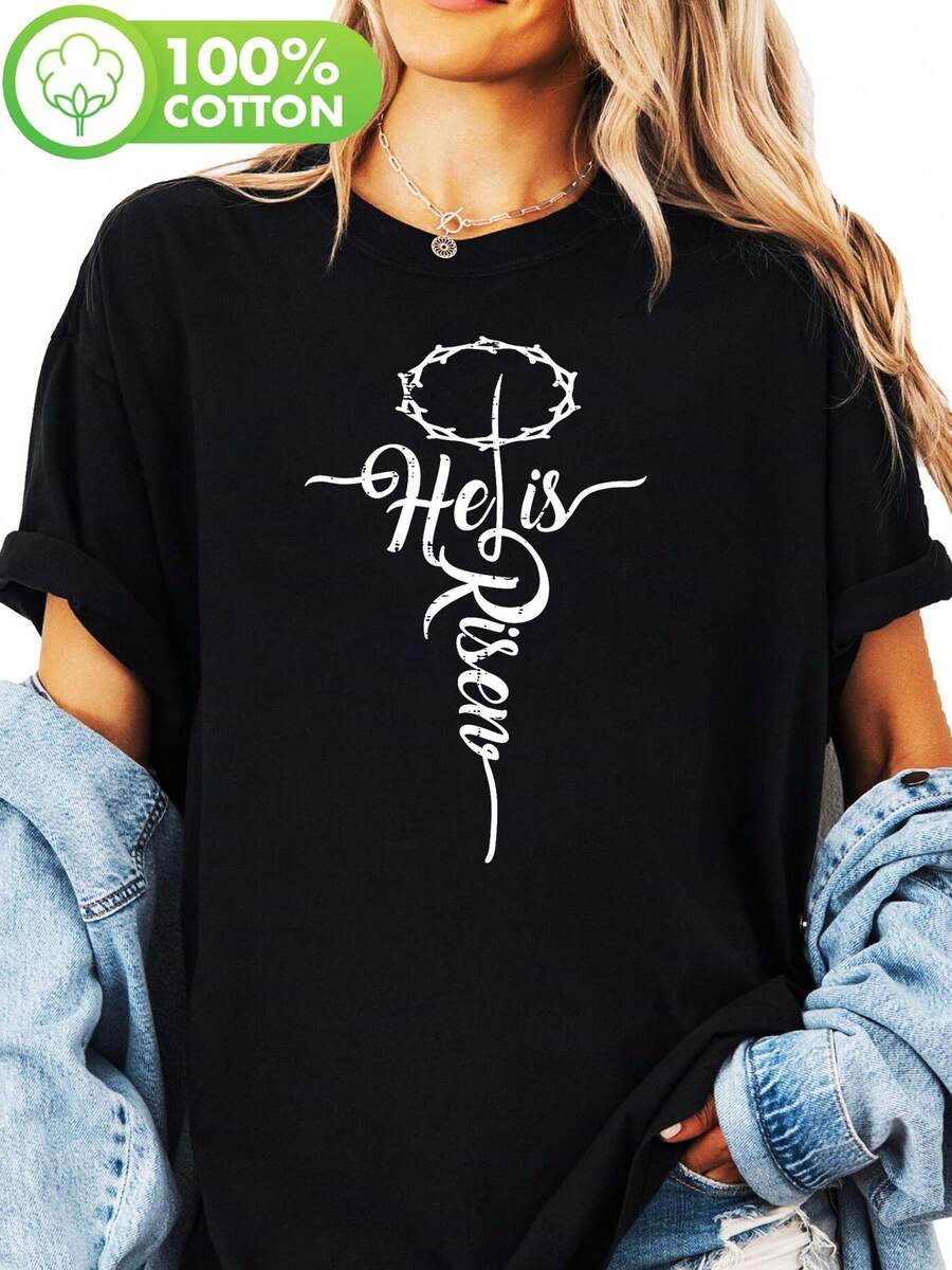 He Has Risen Cross & Crown Of Thorns Religious T-Shirt For Women - 100% Cotton Short Sleeve Crew Neck Casual, Machine Washable Spring Summer Faith Clothing, Spiritual Fashion, Stylish Letter Design, Breathable Fabric, Faith-Inspired Clothing, Faith Community - 黑色 - 查看 1
