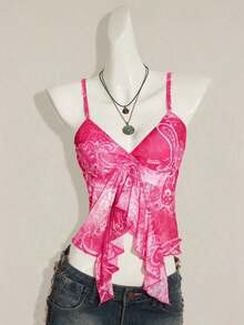ICON Camisola Ajustada con Cuello en V y Volantes, Estampado Paisley Teal, Estilo Bohemio Retro Sexy Y2K para Mujer - Rosa 2 - Ver 4