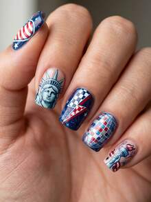 24pcs Rectangular Nail Stickers, Elegant National Flag Color Scheme, Heart, Blue Goddess Statue, Colorful Light Ball, Fashion Torch & Ribbon Pattern, Independence Day Style, Full Coverage Fake Nails For Women And Girls, Includes 1pc Jelly Glue And 1pc Mini Nail File, Jelly Glue Shipped Randomly - View 4