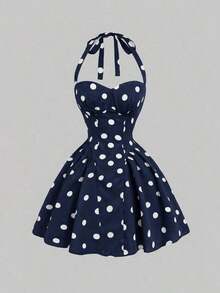 Vestido largo bandeau de lunares para mujer, minimalista y de moda, adecuado para el verano, vestido de lunares - Azul marino - Ver 1