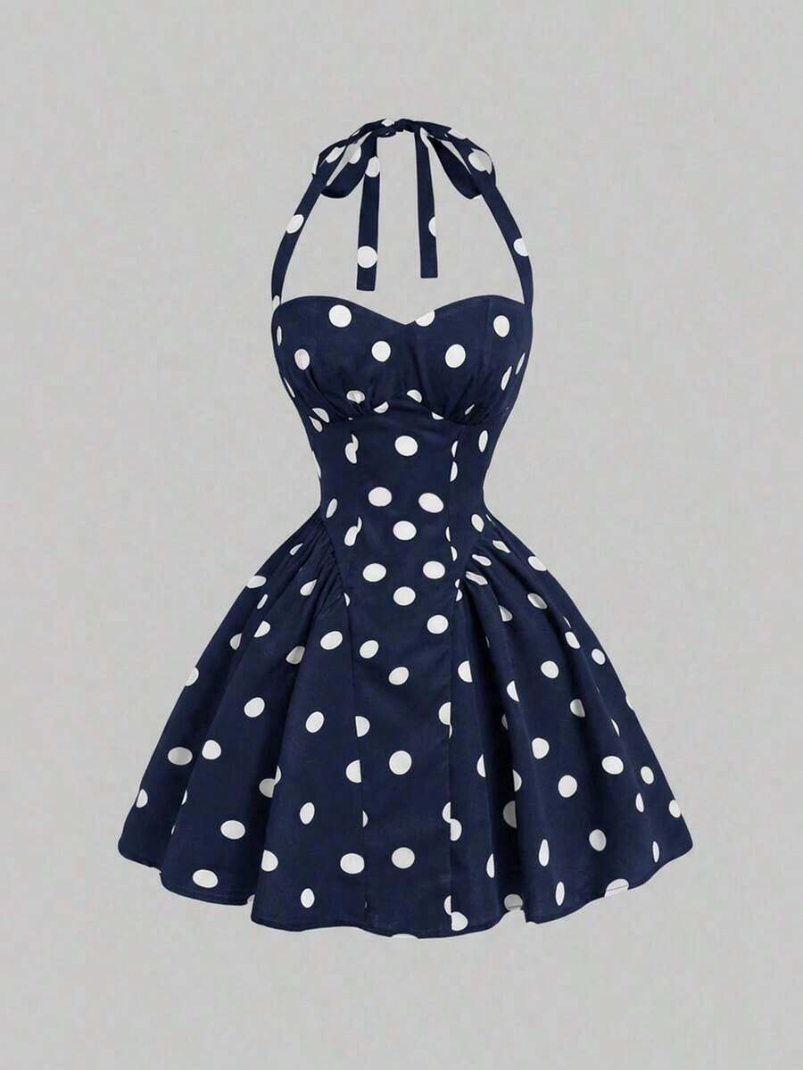 Vestido largo bandeau de lunares para mujer, minimalista y de moda, adecuado para el verano, vestido de lunares - Azul marino - Ver 1