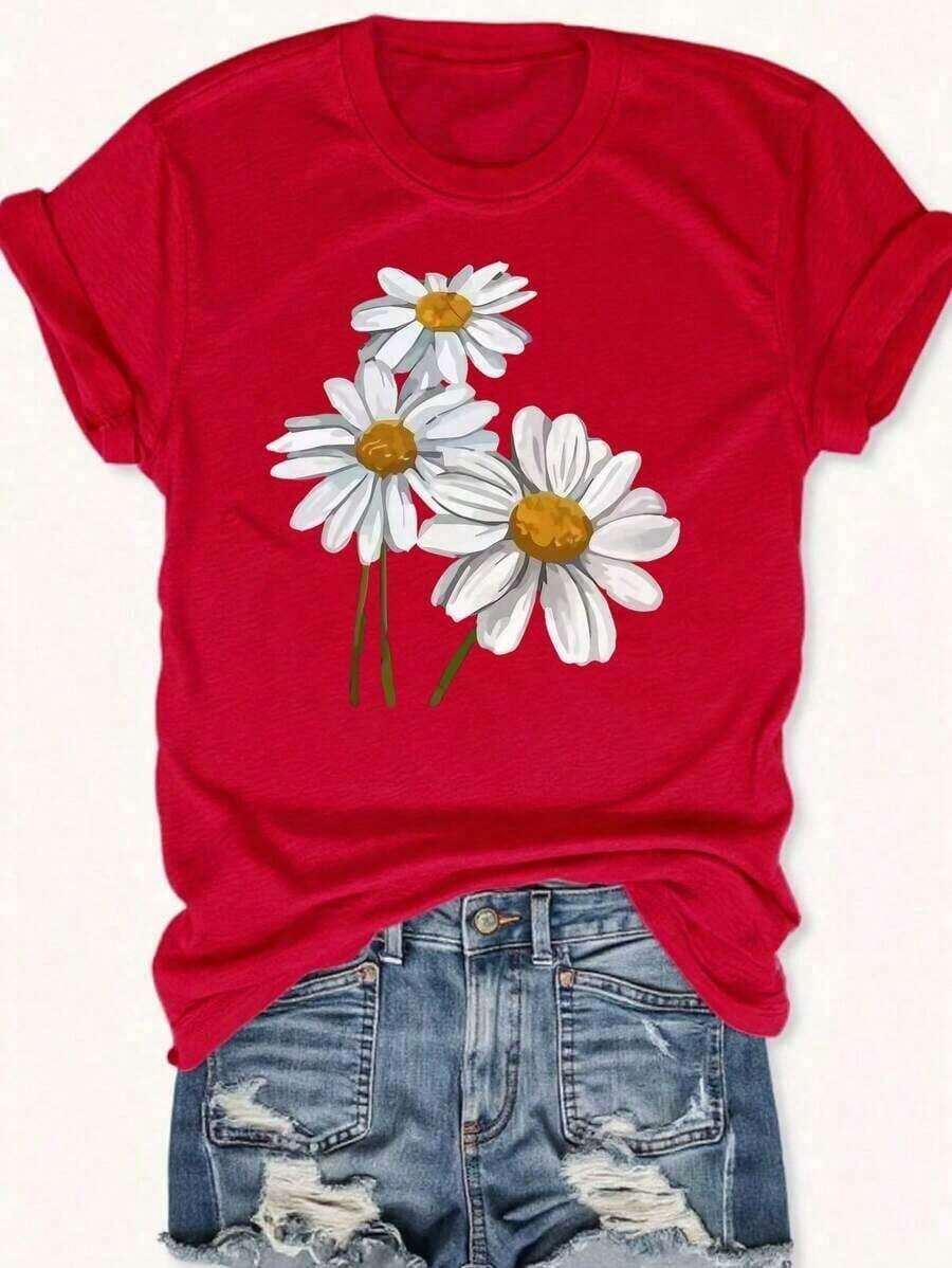 Camisa holgada con estampado floral para mujer de talla grande, de algodón suave, casual, de ajuste suelto, básica, de moda urbana para el verano camiseta roja - Estilo - Ver 1