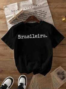 Mexican T-Shirt With MexicanBRASILEIRA Letter Print, New Round Neck T-Shirt For Spring And Summer, Women's Clothing, Cotton T-Shirt, Summer Fashion - 黑色 - 查看 7