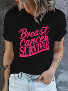 Women's Short-Sleeved T-Shirt With "Breast Cancer Survivor" Slogan Print, Casual Black Crew Neck Top. - 黑色 - 查看 6