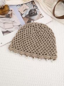 1 pièce Chapeau de soleil en tricot ajouré, couleur unie élégante et décontractée avec perles et franges, pour la plage - Multicolore - Voir 16