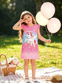 XUMPLO Young Girl' Casual Cute Rainbow Unicorn 3D Print Cap Sleeve Dress, Suitable For Daily Wear, Photo Shoot, Vacation, Party, Summer - Multicolor - View 2