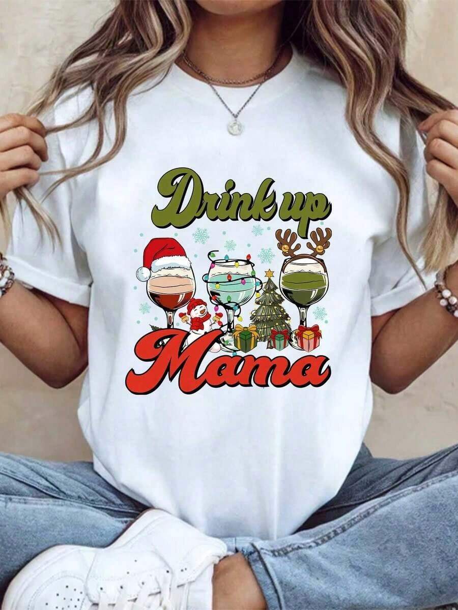 Women's Short-Sleeved T-Shirt With Christmas Cocktail Glasses, Christmas Tree And Santa Claus Print, Ideal For Parties, Casual, Comfortable Fabric, Perfect As A Gift, Summer T-Shirt. - 白色 - 查看 1