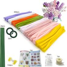 624/1024pcs Pipe Cleaner Handmade Set, Pipe Cleaner Flower Making Kit, 8 Colors Flower Making Set With Fuzzy Stems, Floral Wire, Gardening Tape, Stamens, Pearls, Instruction Manual And Ribbons - Multicolor - View 2