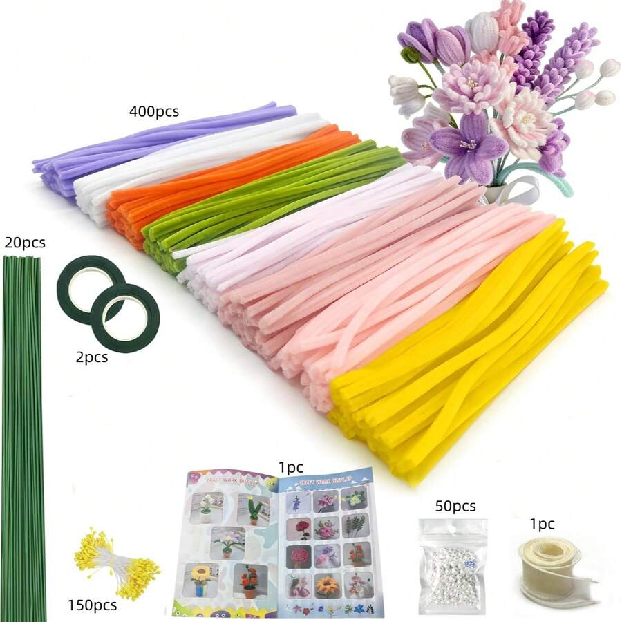 624/1024pcs Pipe Cleaner Handmade Set, Pipe Cleaner Flower Making Kit, 8 Colors Flower Making Set With Fuzzy Stems, Floral Wire, Gardening Tape, Stamens, Pearls, Instruction Manual And Ribbons