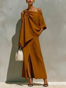 Summer Outfits For Women, Off Shoulder Top Matched Midi Skirt Linen Cotton Two Piece Set, Casual - 白色 - 查看 9